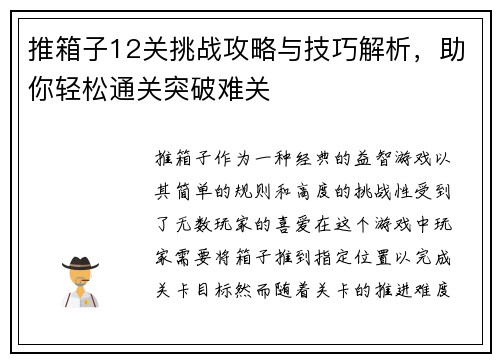推箱子12关挑战攻略与技巧解析，助你轻松通关突破难关
